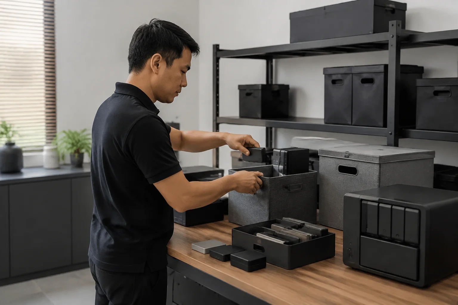 Nhân viên doanh nghiệp Việt Nam kiểm tra và sắp xếp tài nguyên truyền thông trong khu vực làm việc kỹ thuật, thể hiện việc quản lý hình ảnh, dữ liệu và kế hoạch bảo trì website một
