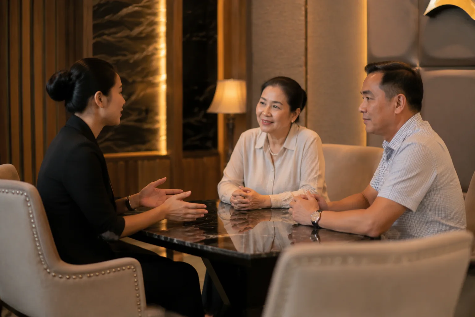 Nhân viên nhà hàng và đại diện gia đình ngồi trao đổi chi tiết về kế hoạch tổ chức tiệc cưới trong phòng VIP riêng tư