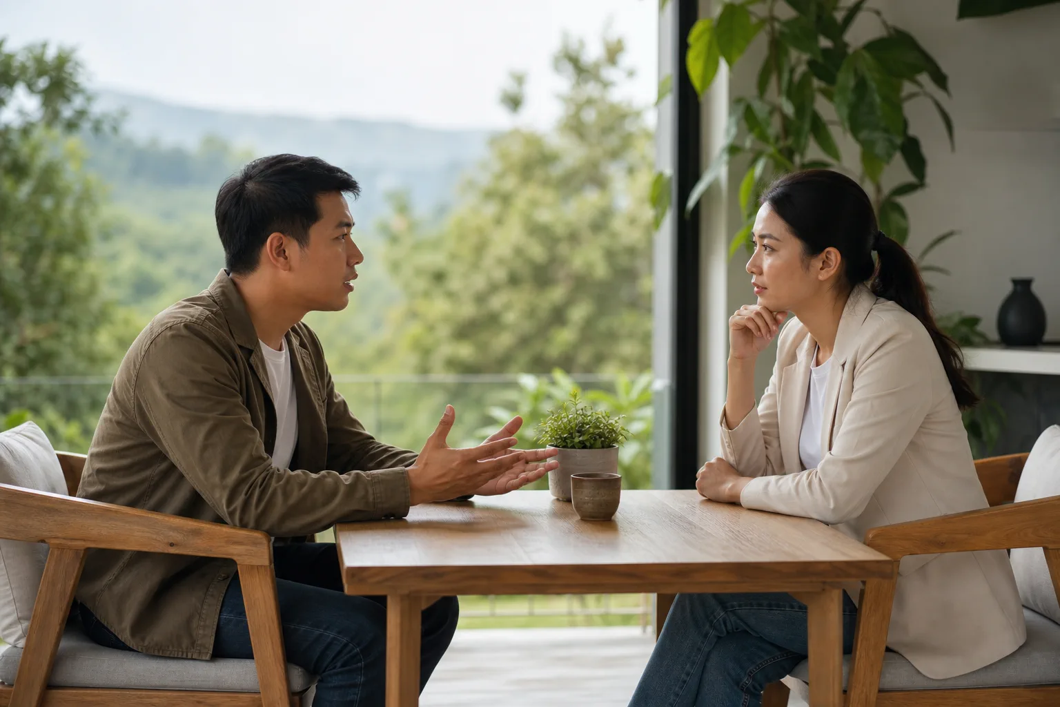 Chuyên viên tư vấn và khách hàng trao đổi về nhu cầu kiểm tra thông tin bất động sản Đắk Nông trong không gian làm việc tối giản, tập trung vào việc làm rõ nhu cầu sử dụng tài sản.