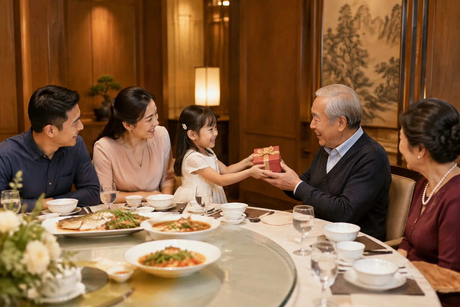Gia đình ba thế hệ đang vui vẻ tặng quà cho người lớn tuổi trong không gian phòng VIP khép kín và ấm cúng, thể hiện sự riêng tư và gắn kết trong ngày kỷ niệm.