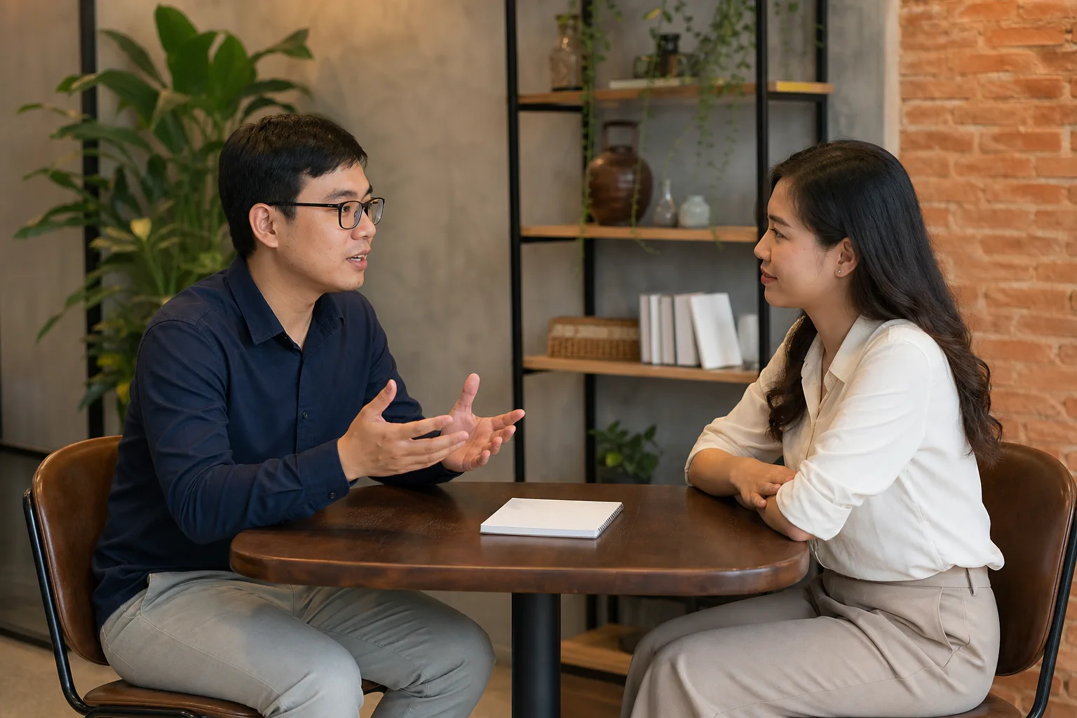 Hai nhân sự doanh nghiệp Việt Nam ngồi đối diện nhau tại góc làm việc nhỏ trong không gian dịch vụ thực tế, một người đang lắng nghe trong khi người kia dùng tay mô tả một quy trìn