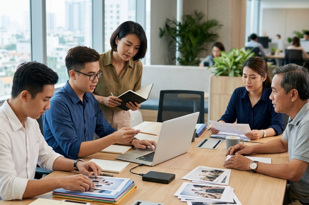 Doanh nghiệp Việt Nam chuẩn bị dữ liệu và tài liệu trước khi chuyển đổi sang website mới với các tệp nội dung và kế hoạch trên bàn làm việc