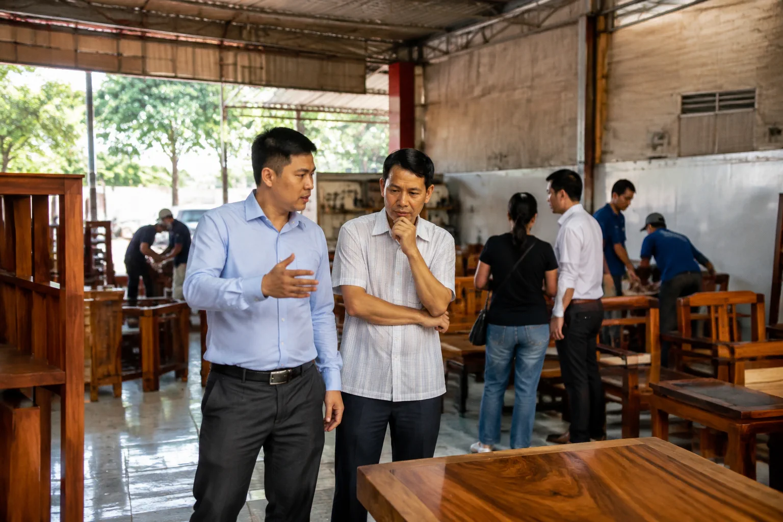 Chủ doanh nghiệp Việt Nam cùng chuyên viên công nghệ quan sát quy trình tiếp nhận thông tin tại khu vực vận hành, thể hiện việc xác định bài toán trước khi cân nhắc tích hợp AI hoặ