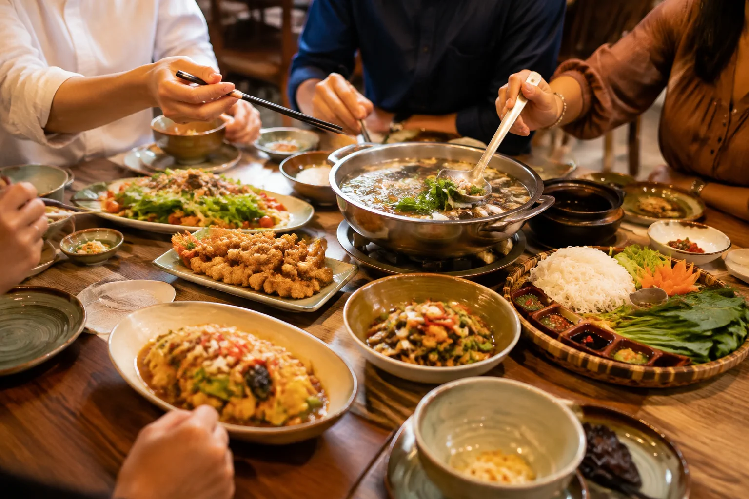 Bữa ăn nhóm tại nhà hàng Việt Nam thể hiện sự cân bằng giữa các món ăn trong buổi gặp gỡ