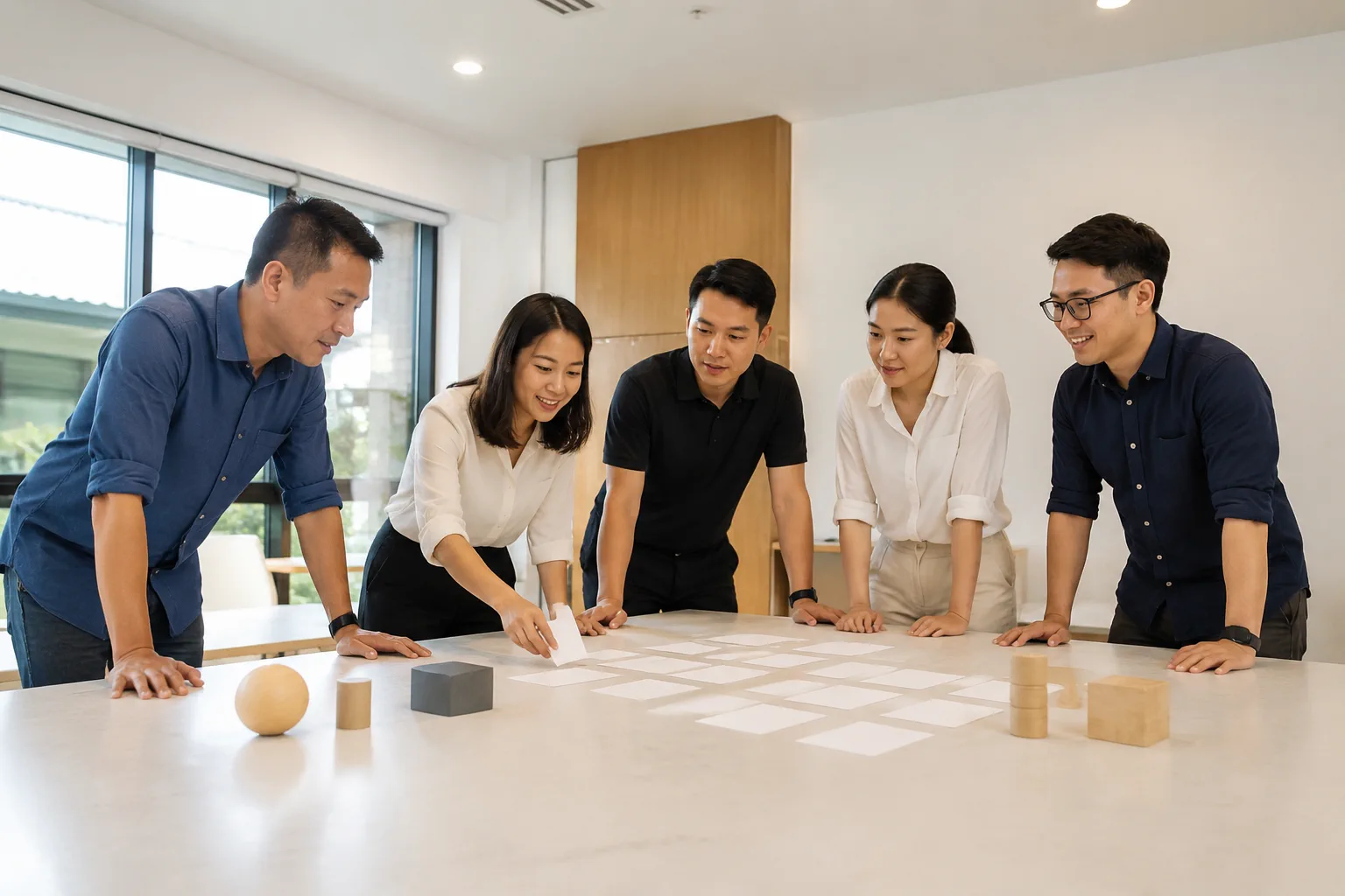 Đội ngũ nhân sự doanh nghiệp Việt Nam cùng chuyên viên tư vấn website đang trao đổi trong không gian đào tạo nhỏ, một người trình bày luồng làm việc bằng các thẻ màu trơn không có