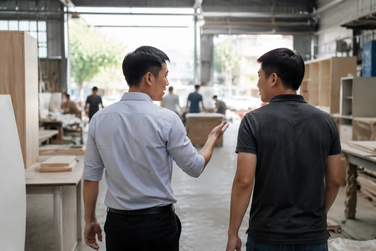 Chủ doanh nghiệp Việt Nam quan sát khu vực kinh doanh cùng chuyên gia tư vấn website để đánh giá nhu cầu thay đổi cấu trúc website, thể hiện thời điểm cân nhắc làm mới website