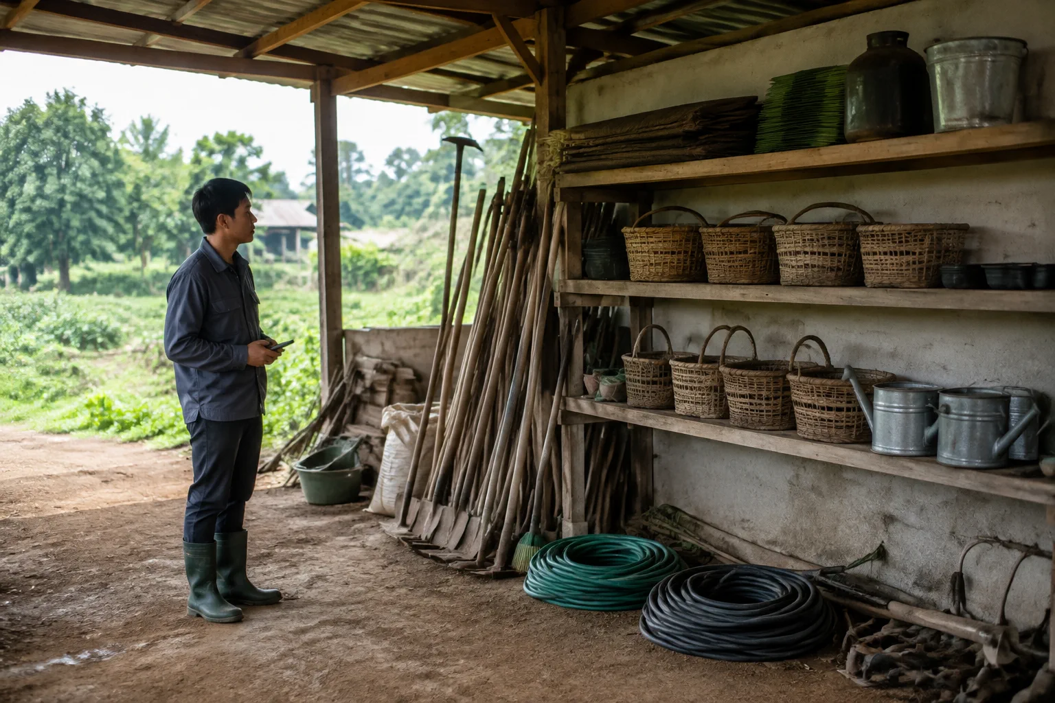 Người quản lý ghi nhận tình trạng vật tư và khu vực lưu trữ trong một không gian farm đơn giản ở Đắk Nông, thể hiện việc theo dõi tài sản theo phạm vi đã thống nhất