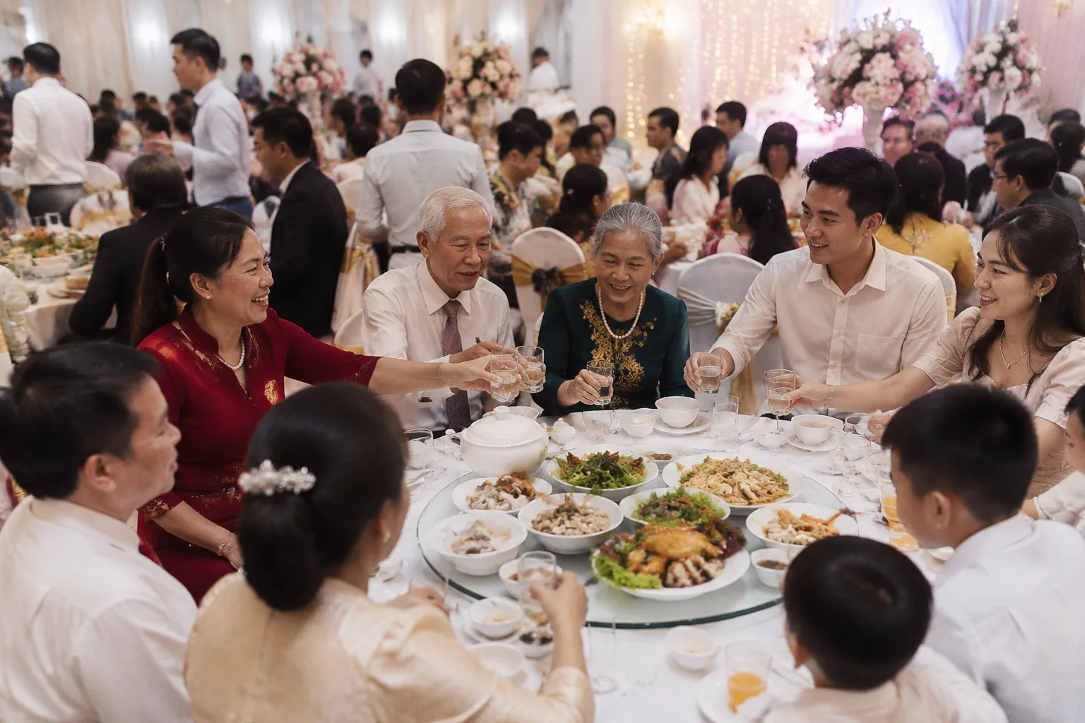 Bữa tiệc cưới Việt Nam với các món ăn được phục vụ trên bàn, thể hiện sự cân bằng giữa các phần ăn và trải nghiệm của nhiều nhóm khách mời
