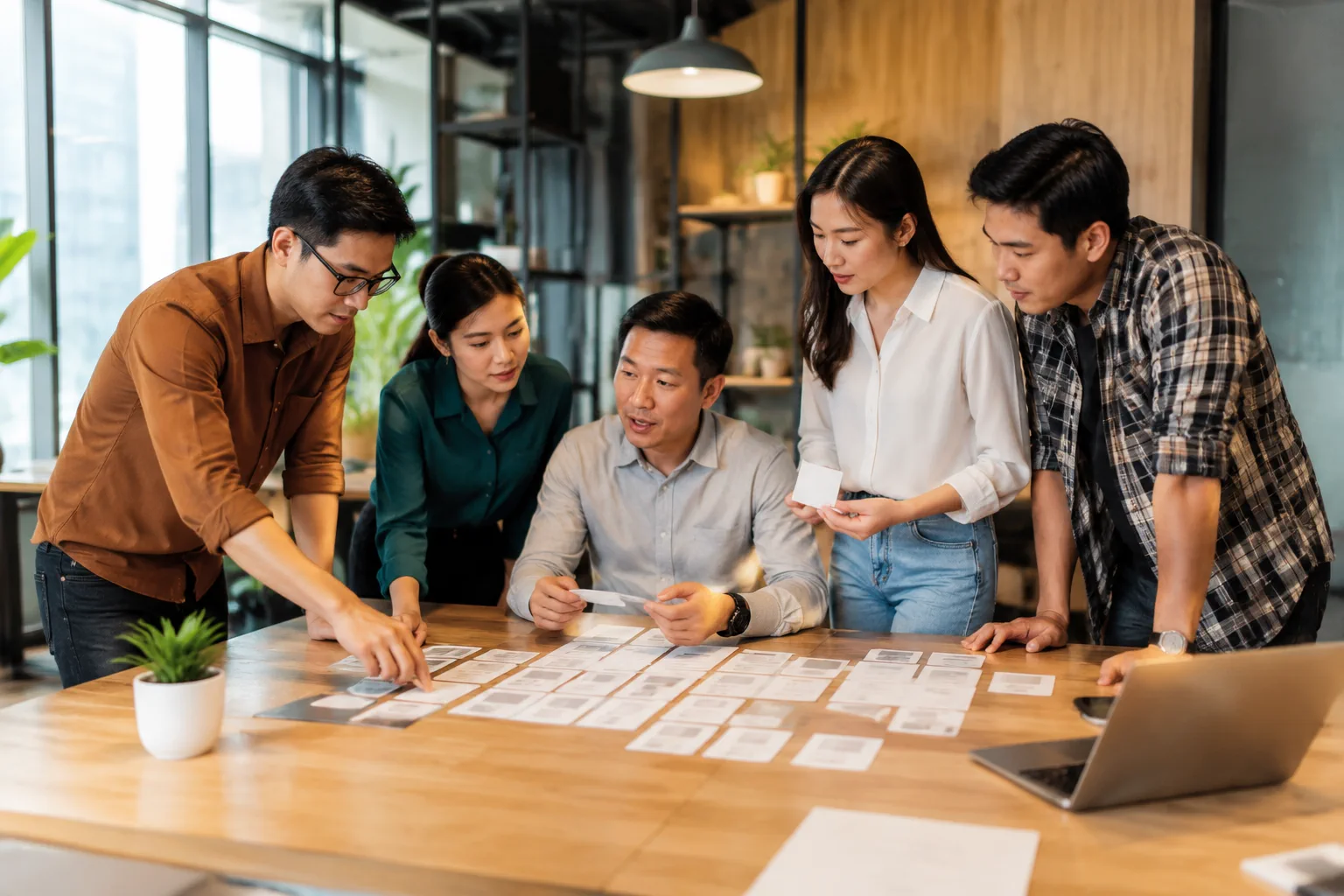 Đội ngũ doanh nghiệp và chuyên gia thiết kế cùng xem xét cấu trúc nội dung và bố cục website trong quá trình triển khai