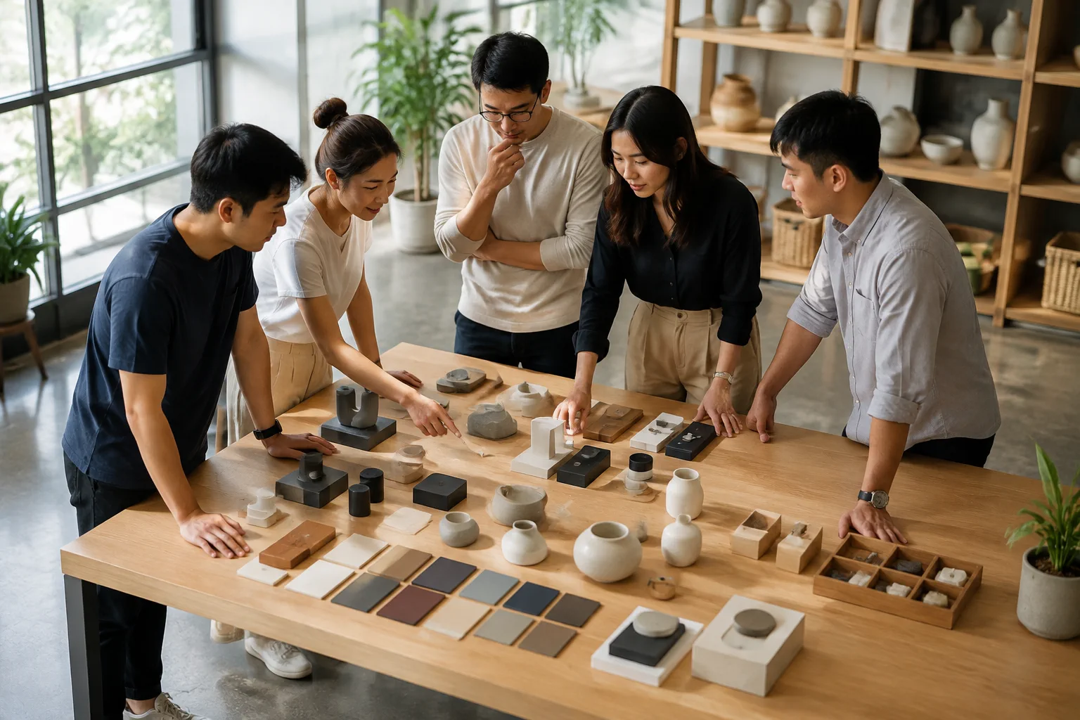 Nhân sự doanh nghiệp Việt Nam phối hợp trong không gian sáng tạo để sắp xếp các vật mẫu hình khối đại diện cho sản phẩm, nội dung và quy trình vận hành, thể hiện bước tổng hợp thôn