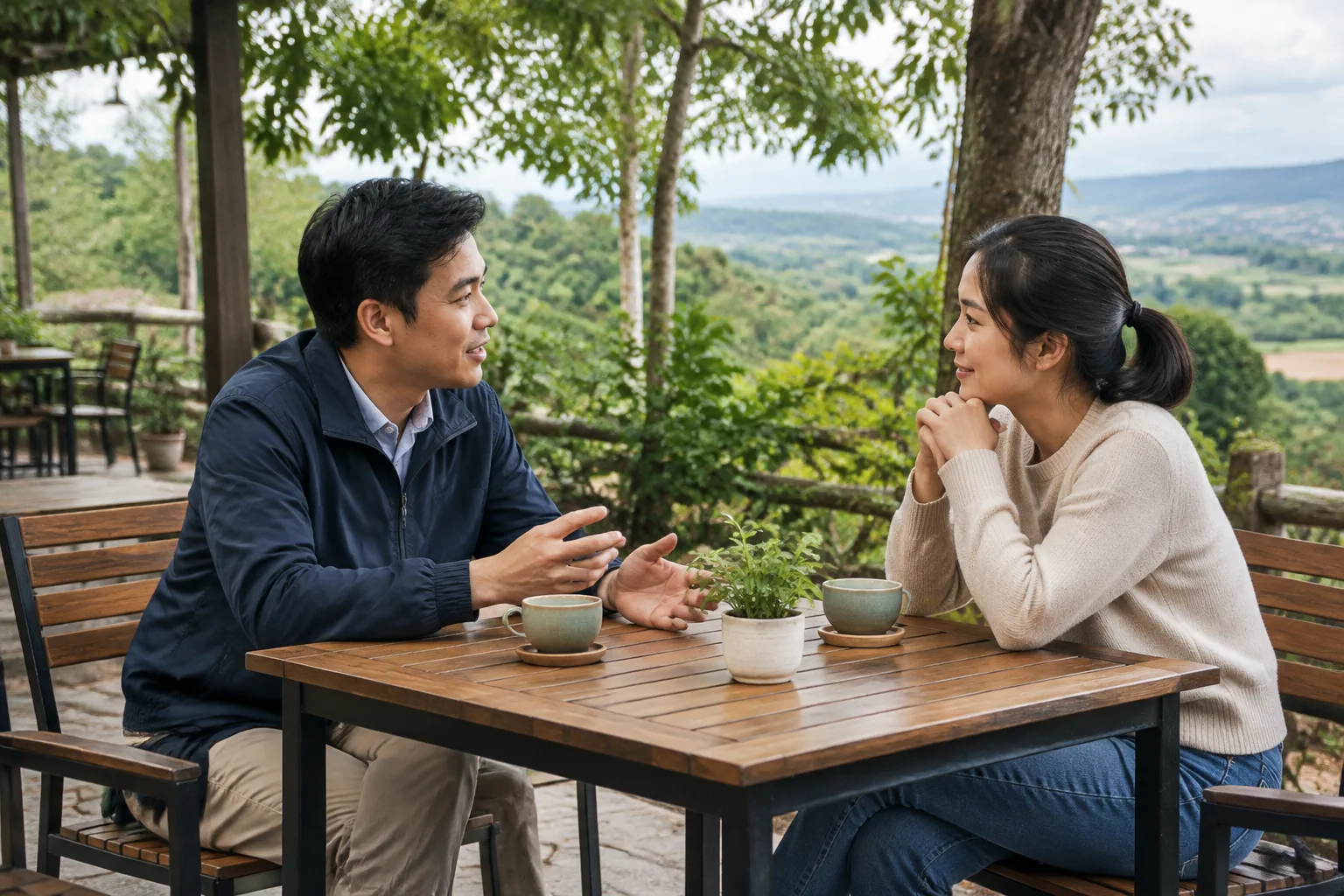 Người mua và chuyên viên tư vấn trao đổi về nhu cầu bất động sản trong không gian mở tại Đắk Nông, tập trung vào quá trình làm rõ tiêu chí trước khi lựa chọn tài sản.