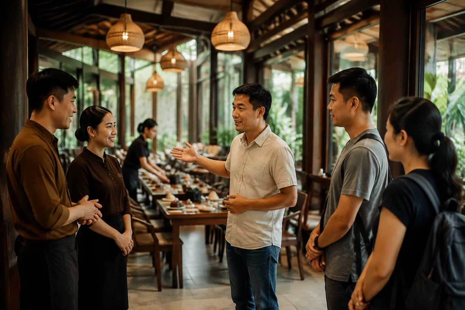 Trưởng đoàn trao đổi với nhân viên nhà hàng về việc sắp xếp bữa ăn cho nhóm khách du lịch trước giờ dùng bữa