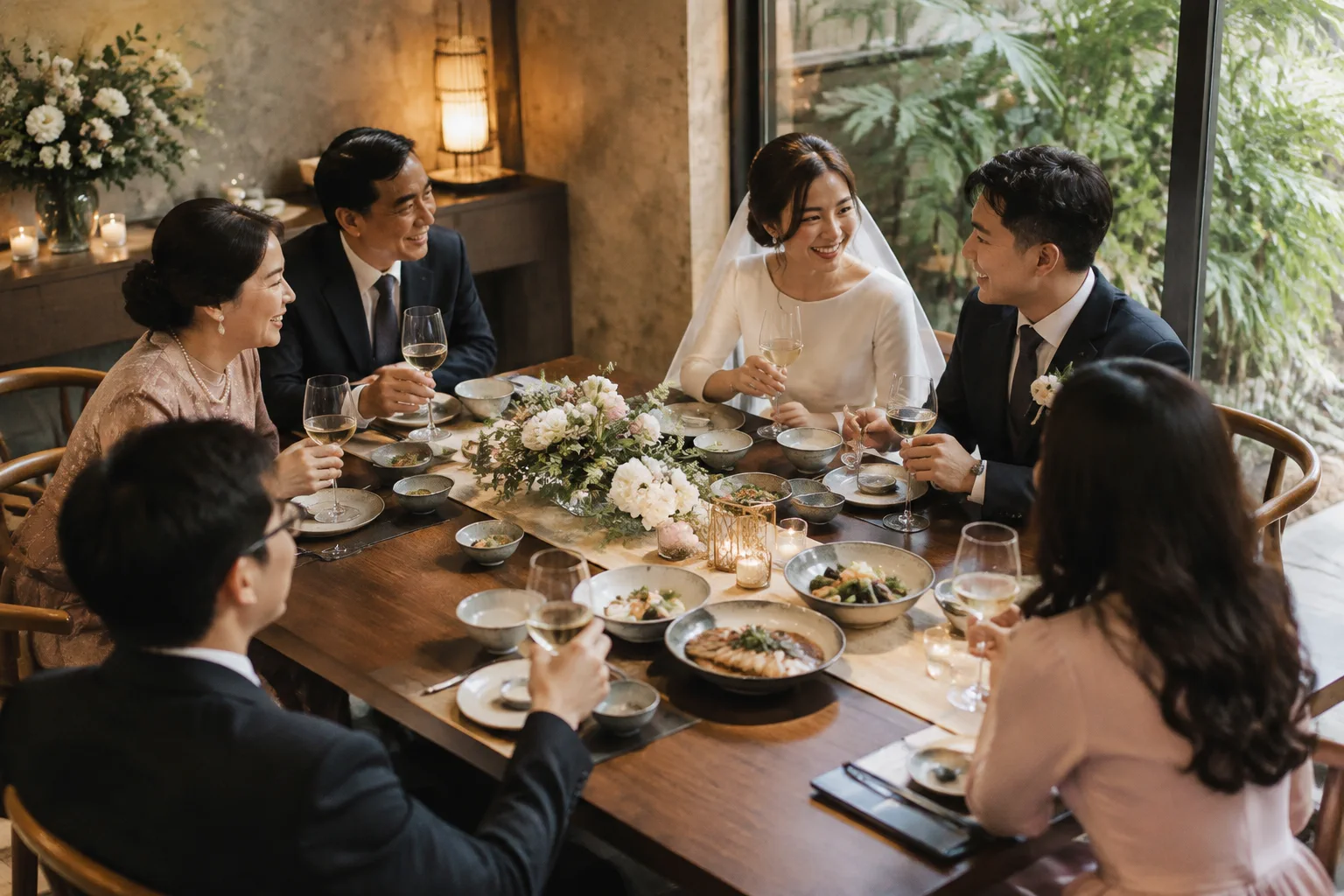 Cặp đôi Việt Nam cùng gia đình thân thiết dùng bữa trong không gian nhà hàng ấm cúng dành cho lễ cưới thân mật, thể hiện sự kết nối gần gũi giữa cô dâu chú rể và khách mời trong mộ