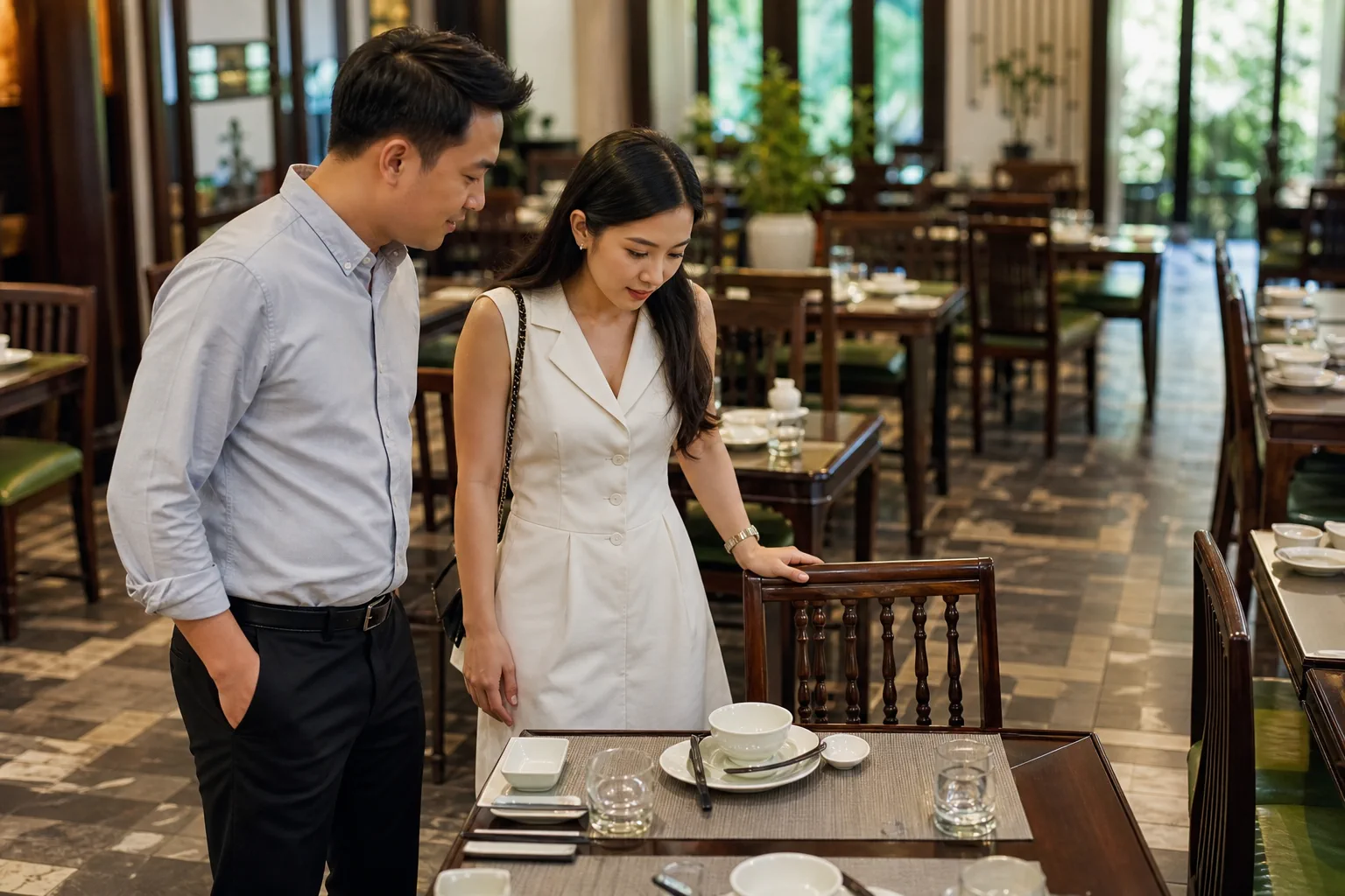 Cặp đôi Việt Nam kiểm tra chi tiết bố trí bàn tiệc mẫu trong nhà hàng trước khi trao đổi về thực đơn và các yêu cầu trong ngày cưới