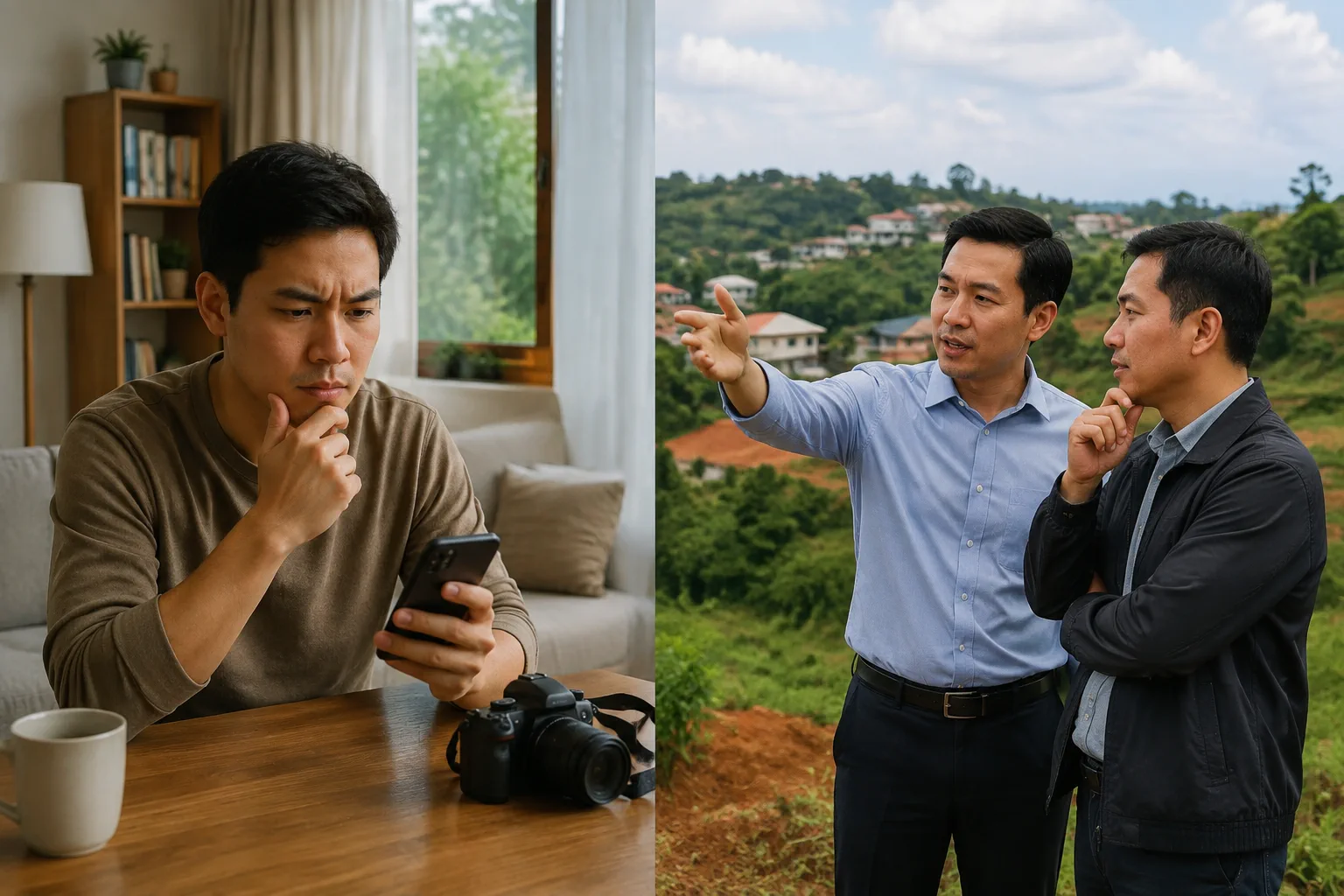 Người mua nhà đất Đắk Nông đứng tại ngã ba đường nông thôn nhìn về phía khu dân cư và vùng đất xung quanh, thể hiện bước đầu khảo sát và so sánh các lựa chọn tìm kiếm tài sản.