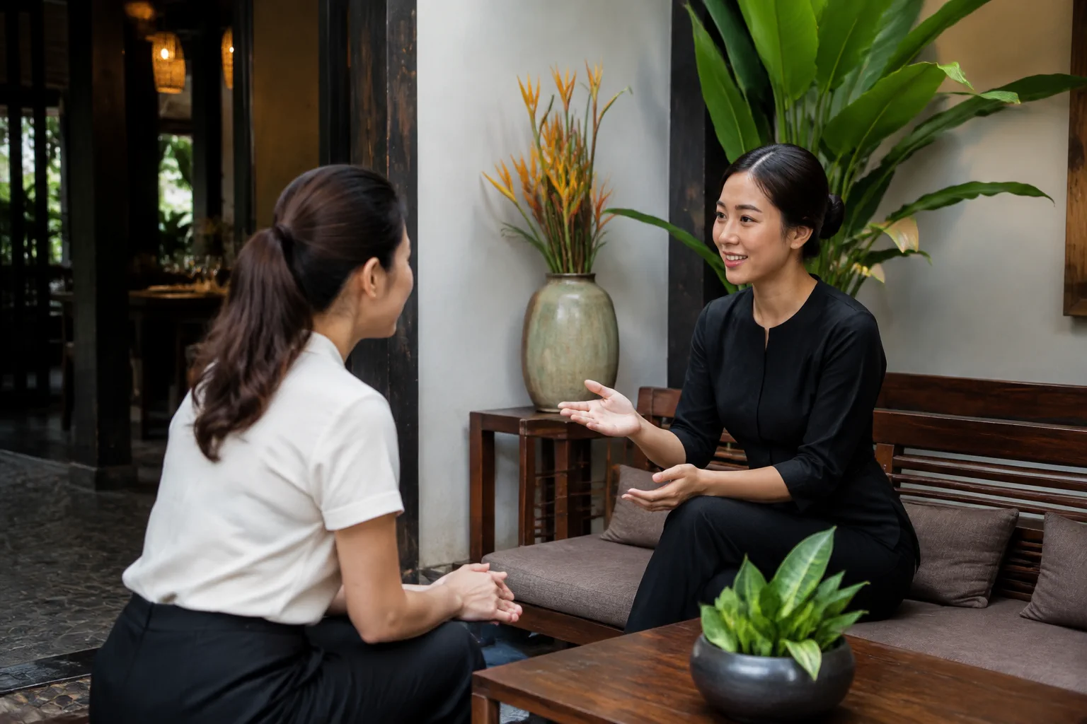Nhân viên nhà hàng Việt Nam đang trao đổi với khách về thông tin món ăn tại khu vực tiếp khách, thể hiện việc xác nhận món trước khi đặt bàn