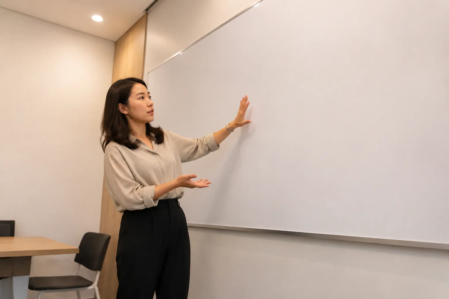 Nhân viên phụ trách nội dung doanh nghiệp Việt Nam đứng trước bảng trắng lớn trong phòng họp, dùng tay phân chia bảng thành các khu vực riêng biệt — thể hiện quá trình phân loại và