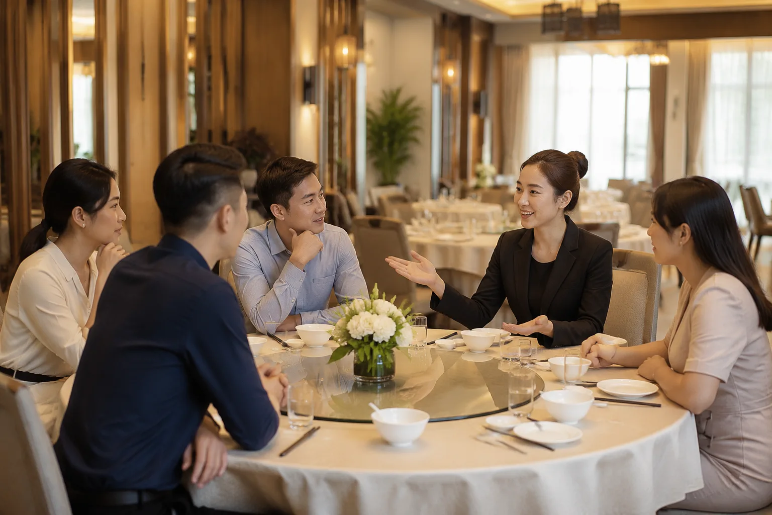 Nhóm khách đang trao đổi với nhân viên nhà hàng về kế hoạch tổ chức tiệc trong không gian riêng tư, thể hiện quá trình tư vấn nhu cầu sự kiện