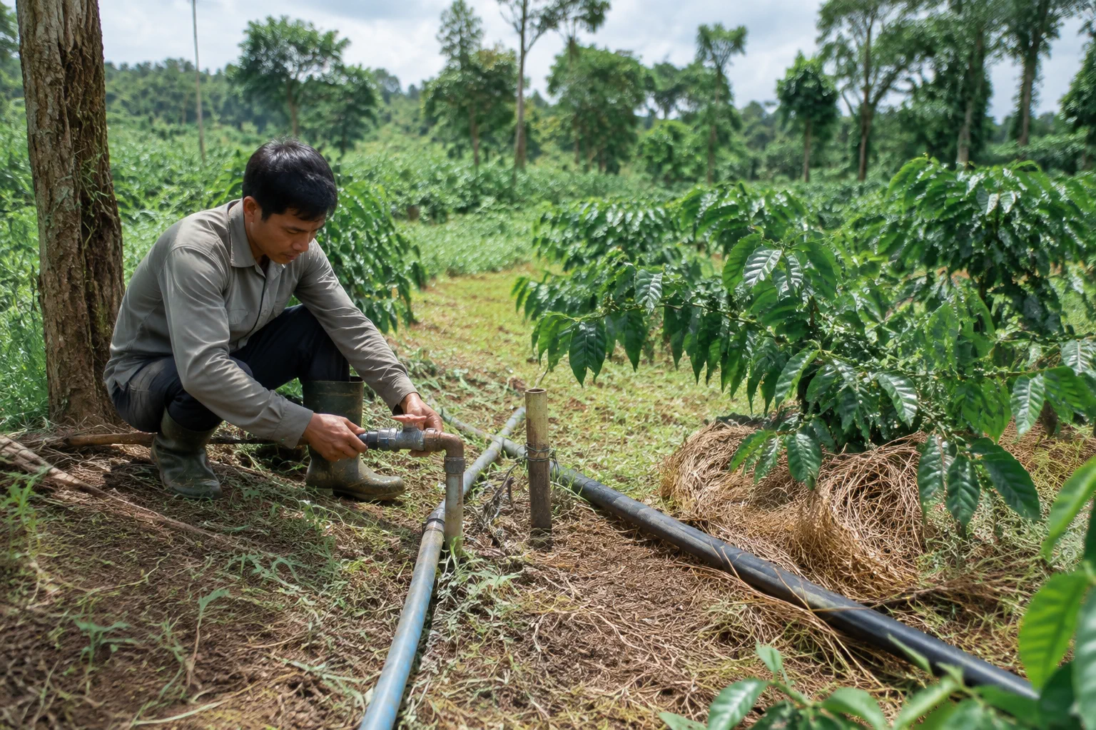 Một người đang kiểm tra hệ thống vận hành thực tế trong khu farm Đắk Nông, quan sát đường ống nước và khu vực chăm sóc cây trồng để đánh giá các yếu tố cần duy trì sau khi sở hữu t