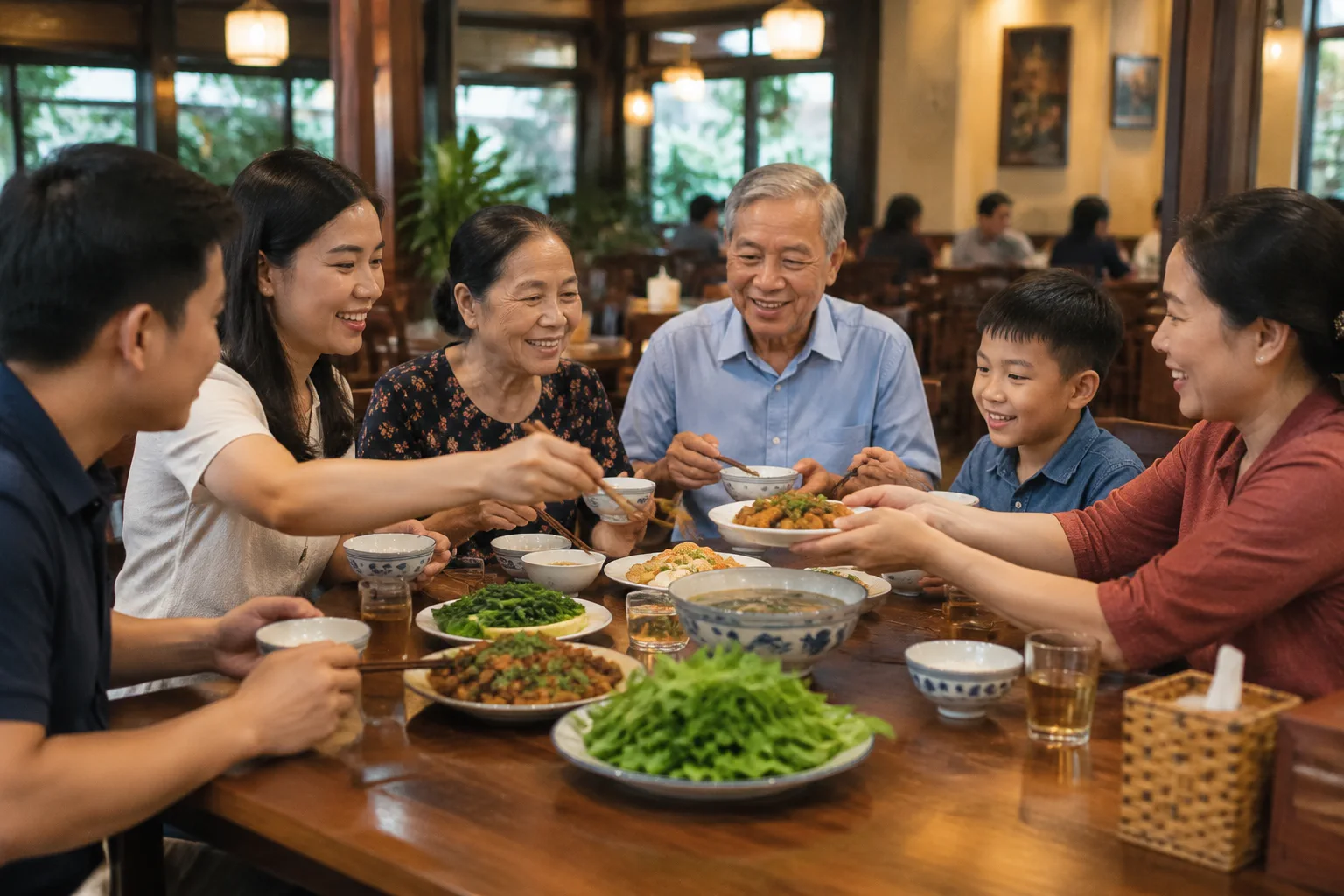 Nhóm khách Việt Nam đang cùng thưởng thức và chia sẻ món ăn tại bàn ăn nhà hàng, thể hiện sự kết nối giữa món ăn với bữa ăn gia đình và những dịp gặp gỡ.