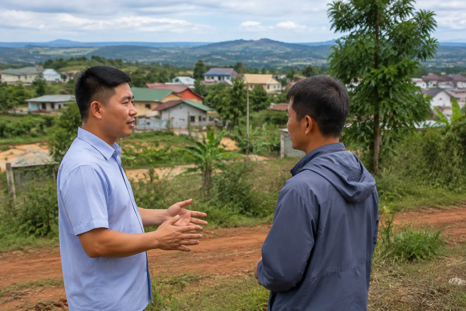 Người mua bất động sản tại Đắk Nông trao đổi với chuyên viên tư vấn trong không gian ngoài trời về việc xác minh thông tin thửa đất trước khi giao dịch, thể hiện quá trình đặt câu