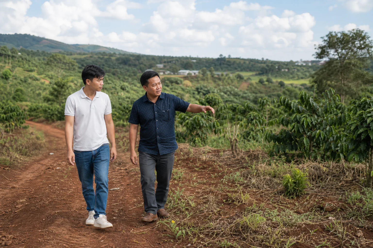 Người mua đang khảo sát một khu đất thực tế ở Gia Nghĩa, Đắk Nông với cảnh quan đồi núi và đường tiếp cận địa phương