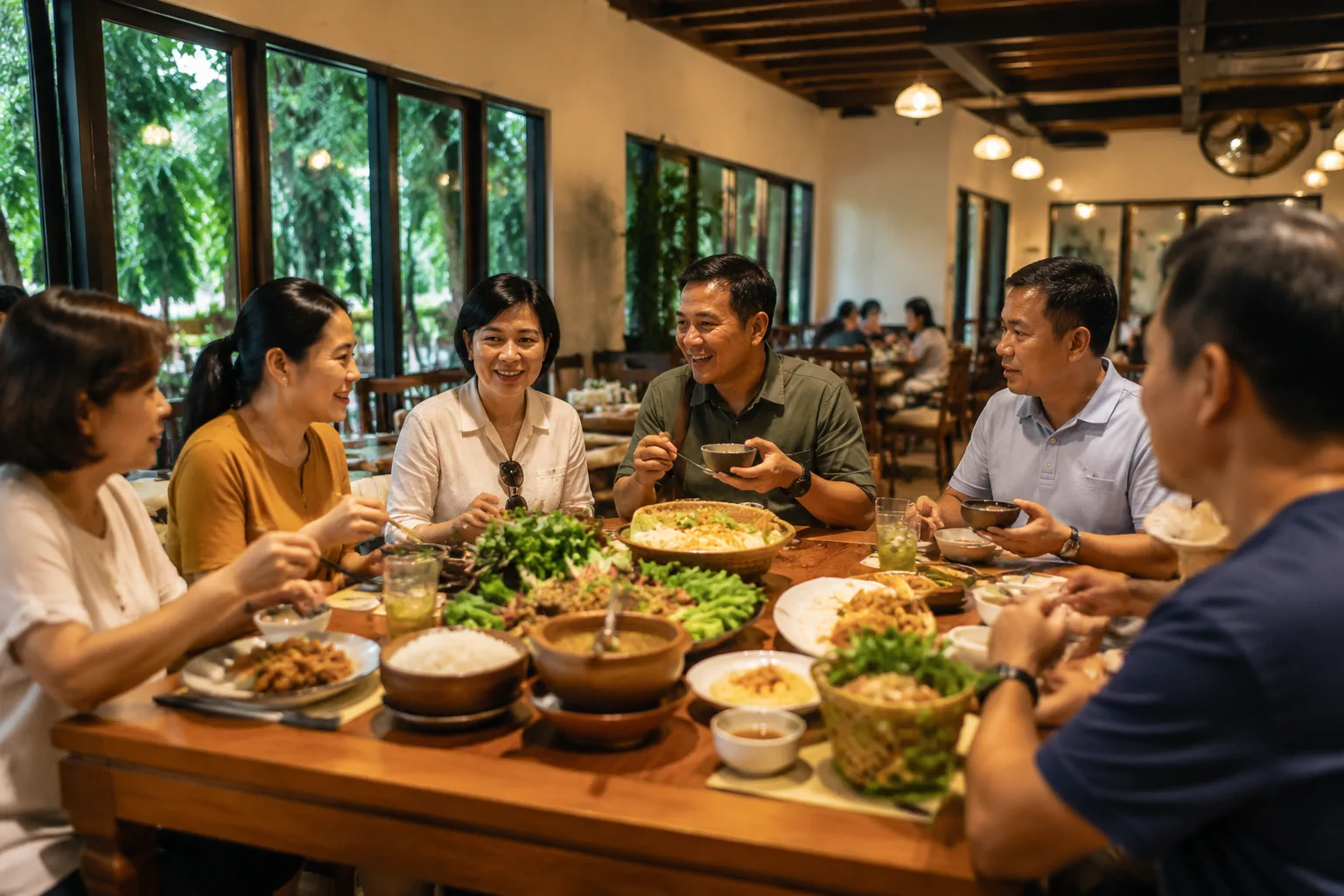 Bữa ăn nhóm tại nhà hàng Việt với nhiều món ăn trên bàn phù hợp cho đoàn du lịch sau hành trình di chuyển