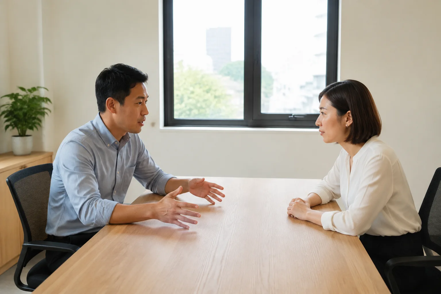Hai nhân sự doanh nghiệp Việt Nam ngồi đối diện nhau tại bàn làm việc trong văn phòng nhỏ, một người đang dùng tay phân chia khu vực trên mặt bàn trống để mô tả cấu trúc vận hành,