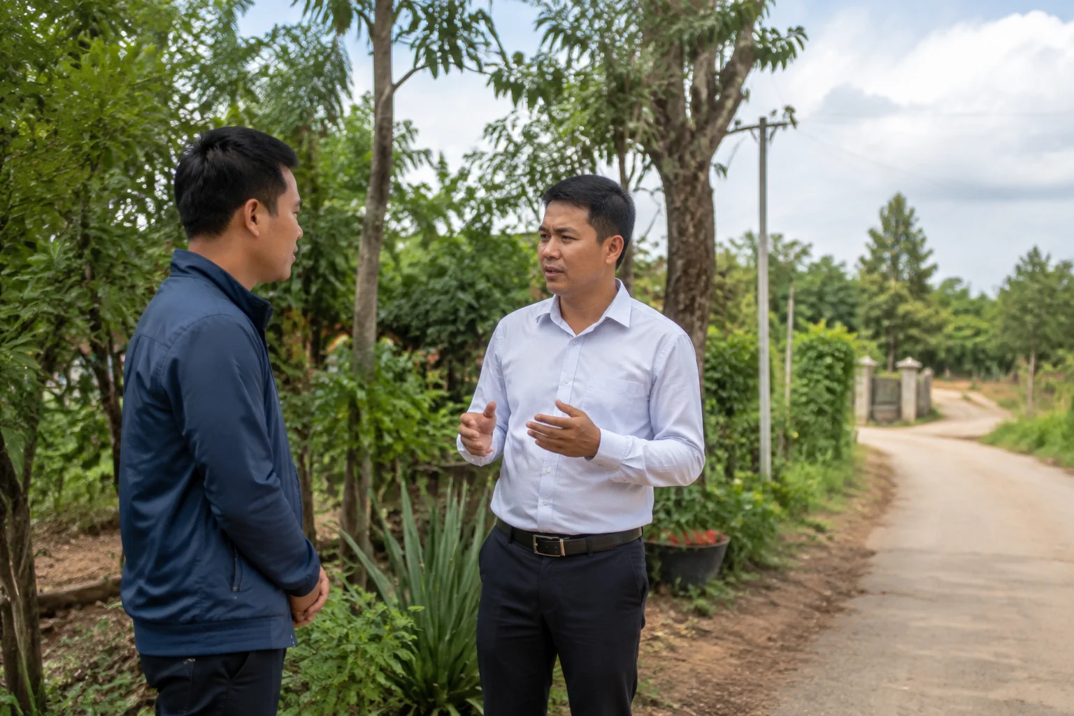 Người mua bất động sản tại Đắk Nông trao đổi nhu cầu tìm hiểu một khu đất cùng chuyên viên tư vấn tại không gian mở, tập trung vào việc chuẩn bị thông tin trước khi kiểm tra tài sả