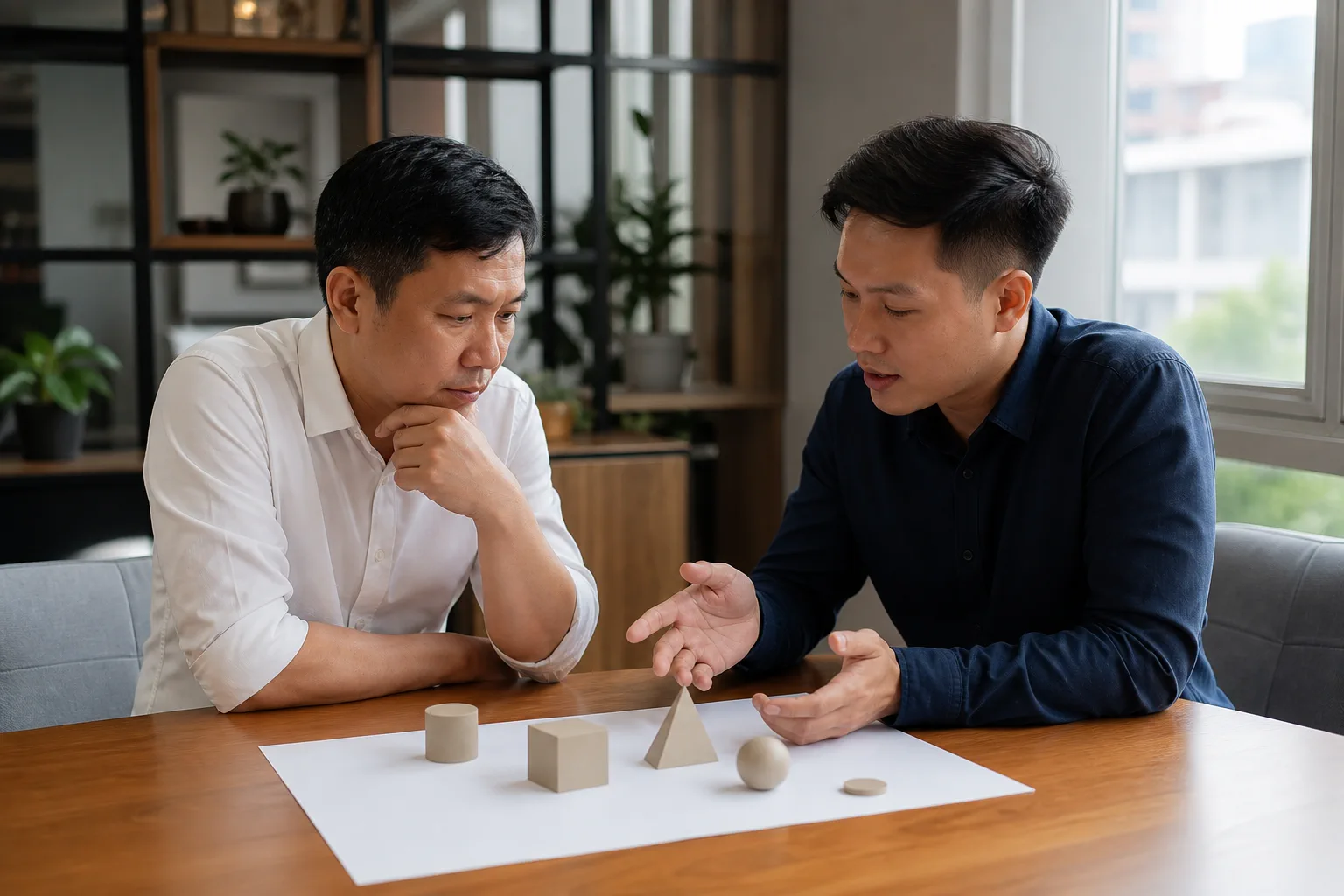 Chủ doanh nghiệp Việt Nam ngồi đối diện chuyên viên tư vấn tại bàn làm việc nhỏ trong văn phòng, hai người đang cùng nhìn vào một tờ sơ đồ trống và các khối vật thể trung tính, thể