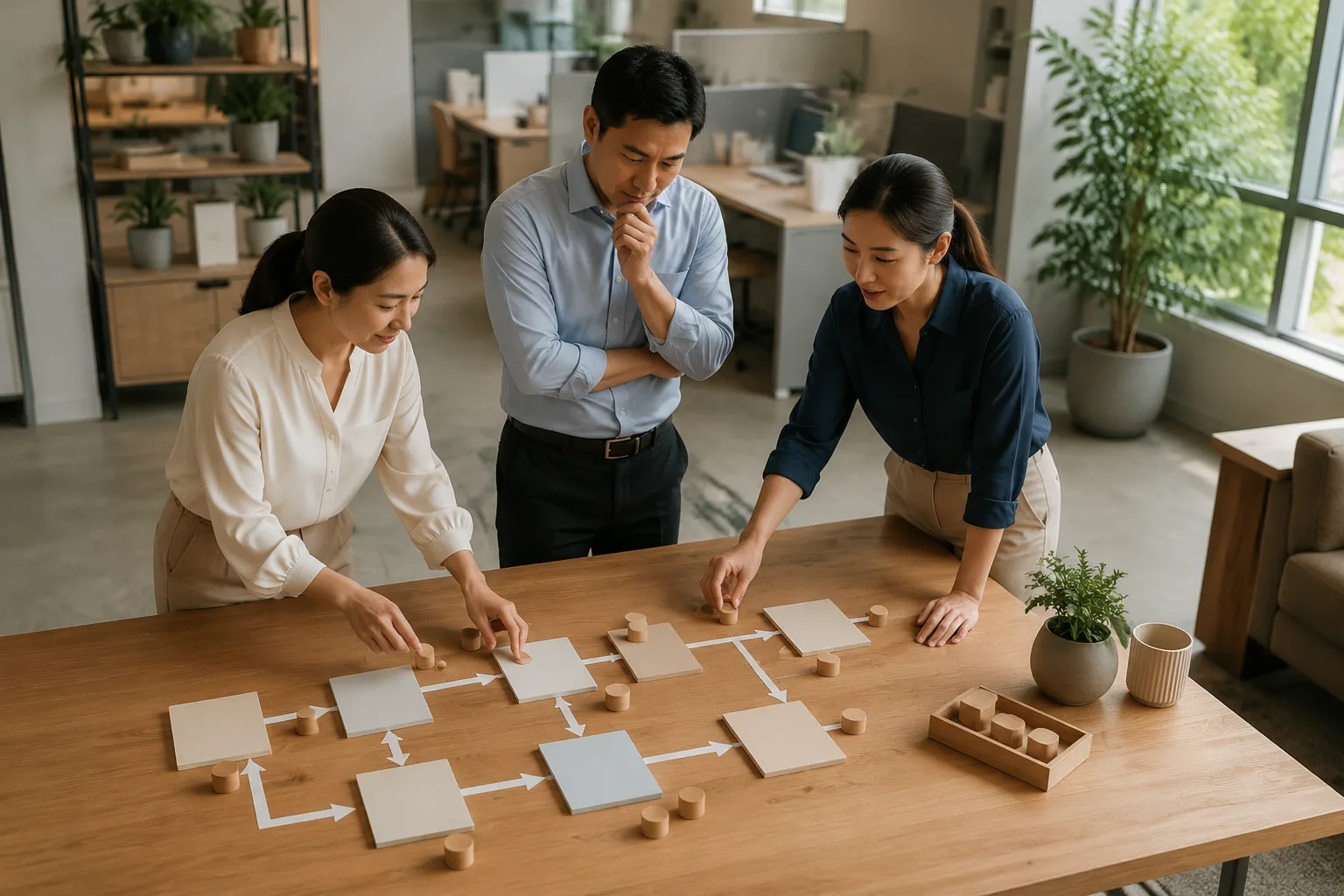 Nhân sự doanh nghiệp Việt Nam kiểm tra quy trình phối hợp nội dung website qua hoạt động trao đổi trực tiếp giữa các bộ phận, thể hiện bước rà soát và xác nhận trước khi đưa thông