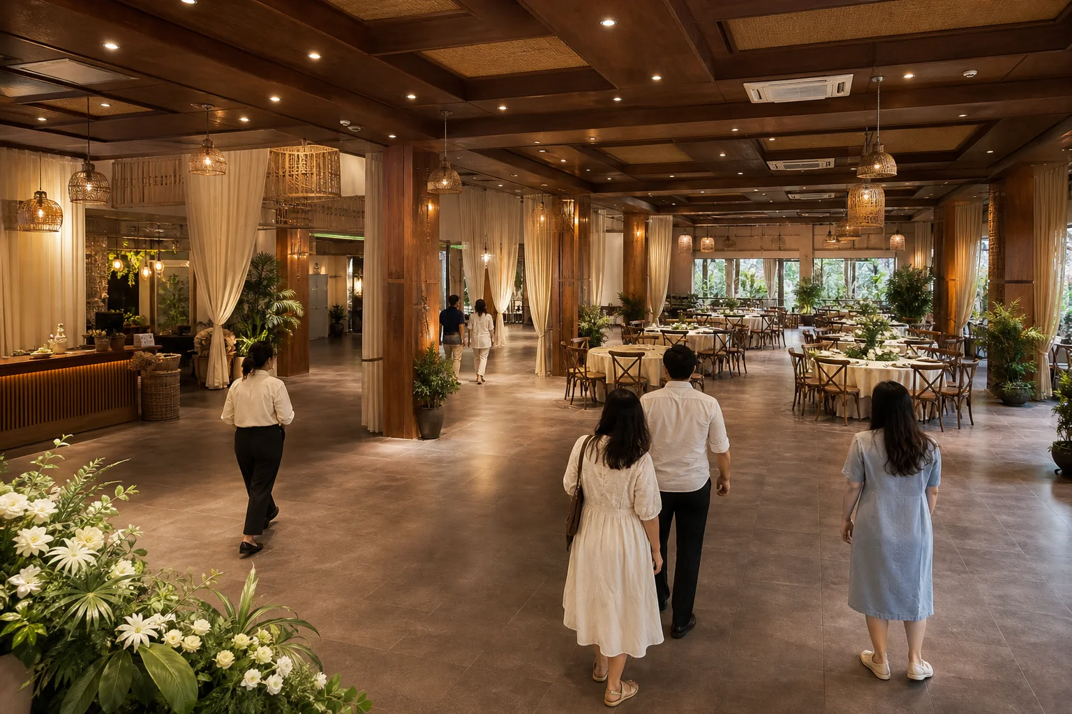 Toàn cảnh không gian sảnh sự kiện tại nhà hàng Việt Nam với khách tham khảo bố cục trang trí trước chương trình, tập trung vào cách phân chia khu vực và cảm nhận tổng thể không gia