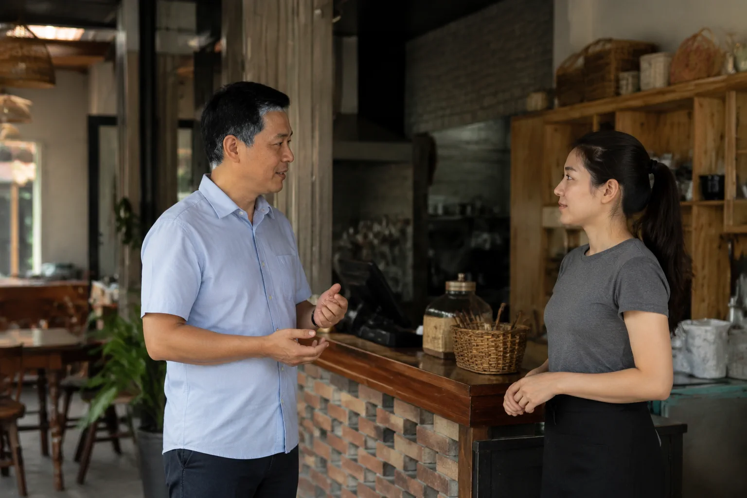 Chủ doanh nghiệp Việt Nam tại cơ sở kinh doanh đang trò chuyện với nhân viên về cách tiếp nhận nhu cầu khách hàng, minh họa bước liên hệ sau khi người dùng tìm hiểu website.