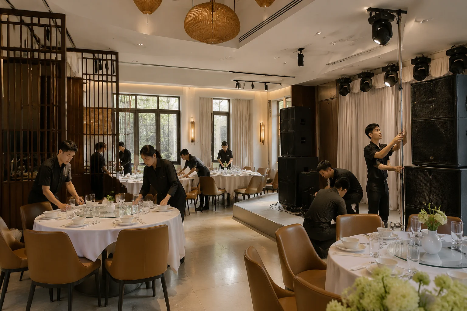 Nhân viên nhà hàng phối hợp chuẩn bị khu vực sự kiện với thiết bị âm thanh ánh sáng và bàn tiệc trước giờ hội nghị