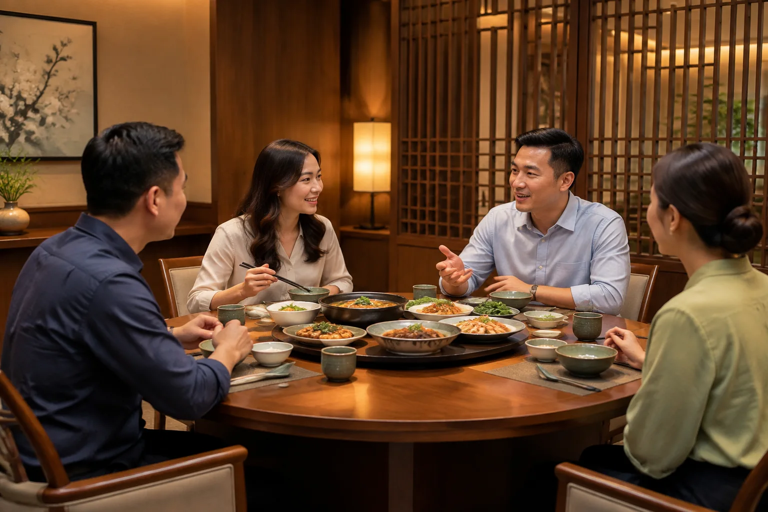 Nhóm đối tác đang trao đổi công việc và dùng bữa trong không gian phòng VIP nhà hàng khép kín, thể hiện sự riêng tư và tập trung cho buổi gặp mặt quan trọng.
