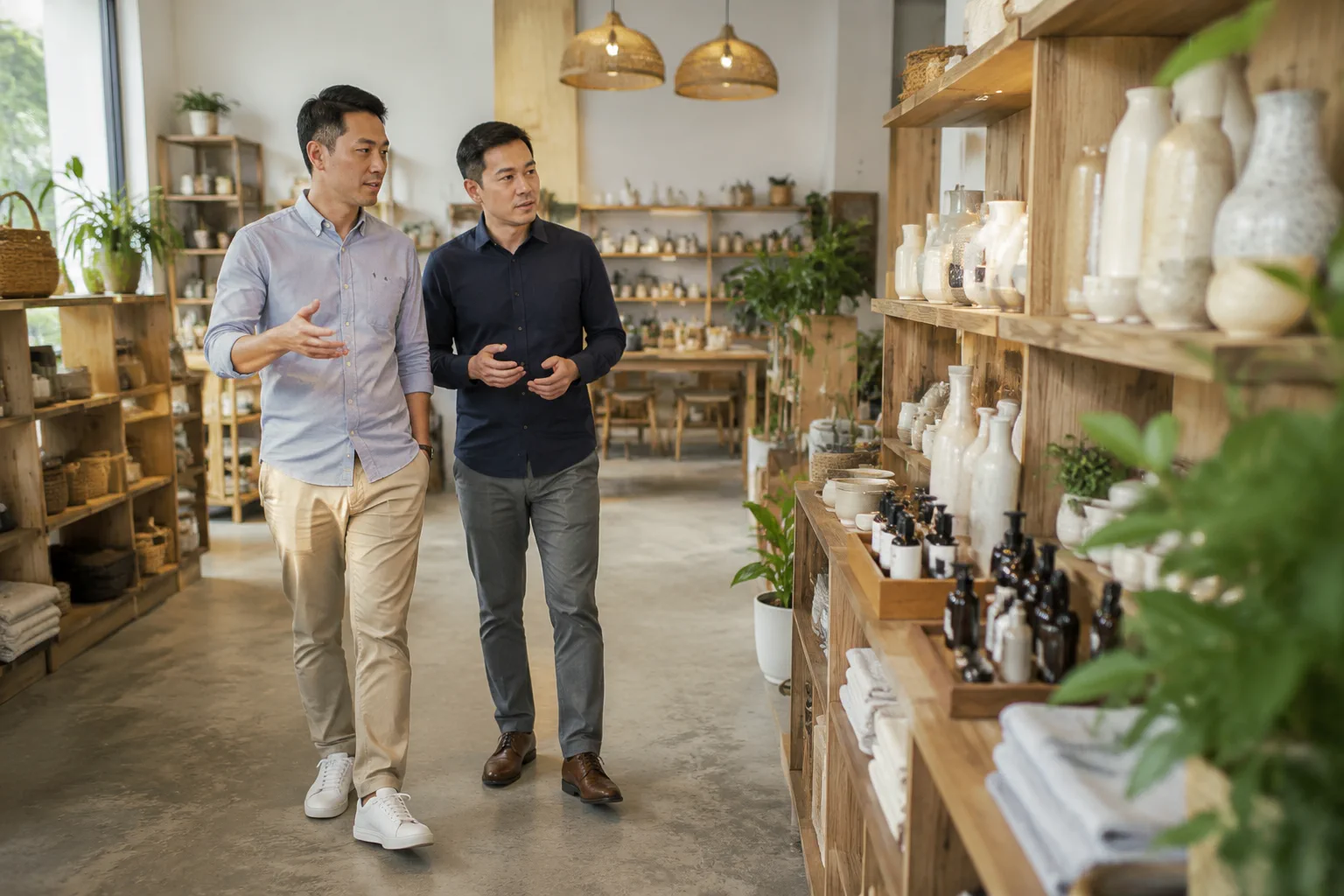 Chủ doanh nghiệp Việt Nam quan sát không gian kinh doanh và trao đổi với chuyên gia tư vấn website trong giai đoạn đánh giá nhu cầu triển khai, thể hiện quá trình lựa chọn đơn vị t