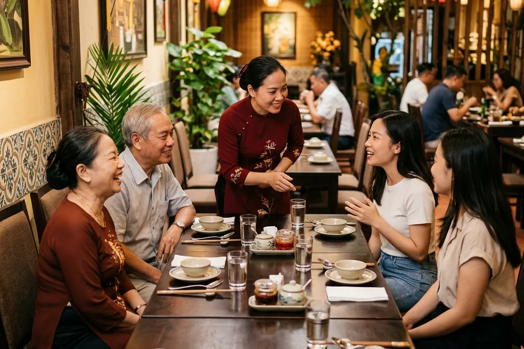 Nhân viên nhà hàng Việt Nam đang trao đổi thân thiện với nhóm khách về cách sắp xếp bữa ăn trong không gian riêng tư
