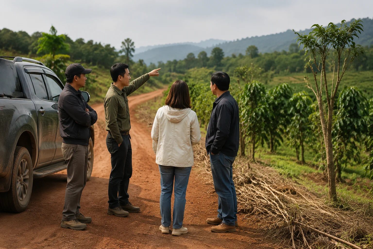 Nhóm người khảo sát đang trao đổi kế hoạch kiểm tra thực tế khu đất farm Đắk Nông bên cạnh phương tiện di chuyển, thể hiện việc chuẩn bị trước chuyến khảo sát tài sản
