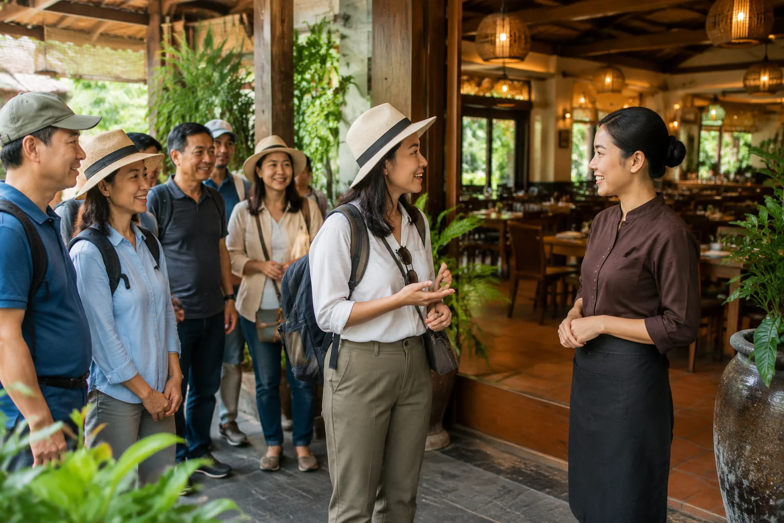 Đoàn khách du lịch Việt Nam vừa đến nhà hàng địa phương, trưởng đoàn đang trao đổi thân thiện với nhân viên tại khu vực sảnh rộng trước khi dùng bữa, phía sau là không gian ẩm thực