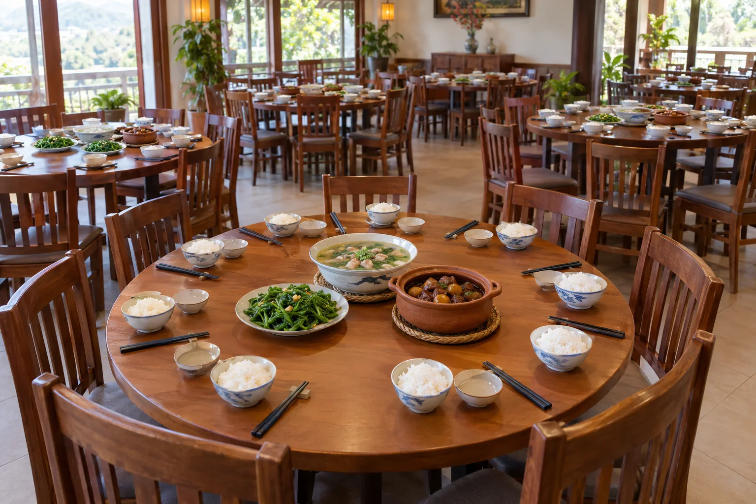 Không gian nhà hàng Việt Nam với các bàn ăn tròn được bày biện sẵn set menu gia đình đồng loạt, thể hiện sự chuẩn bị tươm tất và nhanh gọn cho đoàn khách du lịch trước giờ dùng bữa