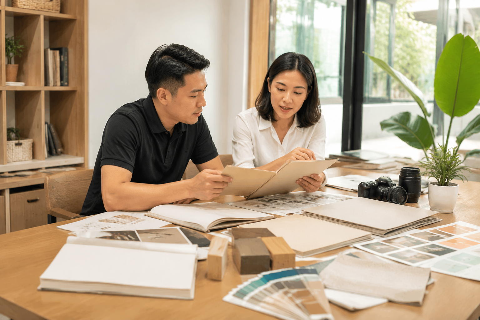 Chuyên viên marketing và doanh nghiệp rà soát nội dung hình ảnh và yêu cầu vận hành website trong buổi tư vấn