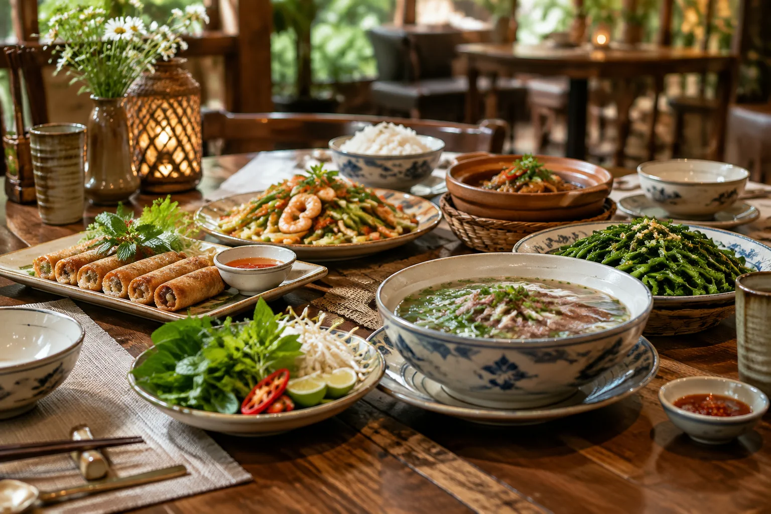 Cận cảnh bàn ăn nhà hàng Việt Nam với các món ăn được sắp xếp theo trình tự thưởng thức, kết hợp cùng chi tiết phục vụ như chén đũa và cách bài trí bàn tiệc để minh họa sự liền mạc