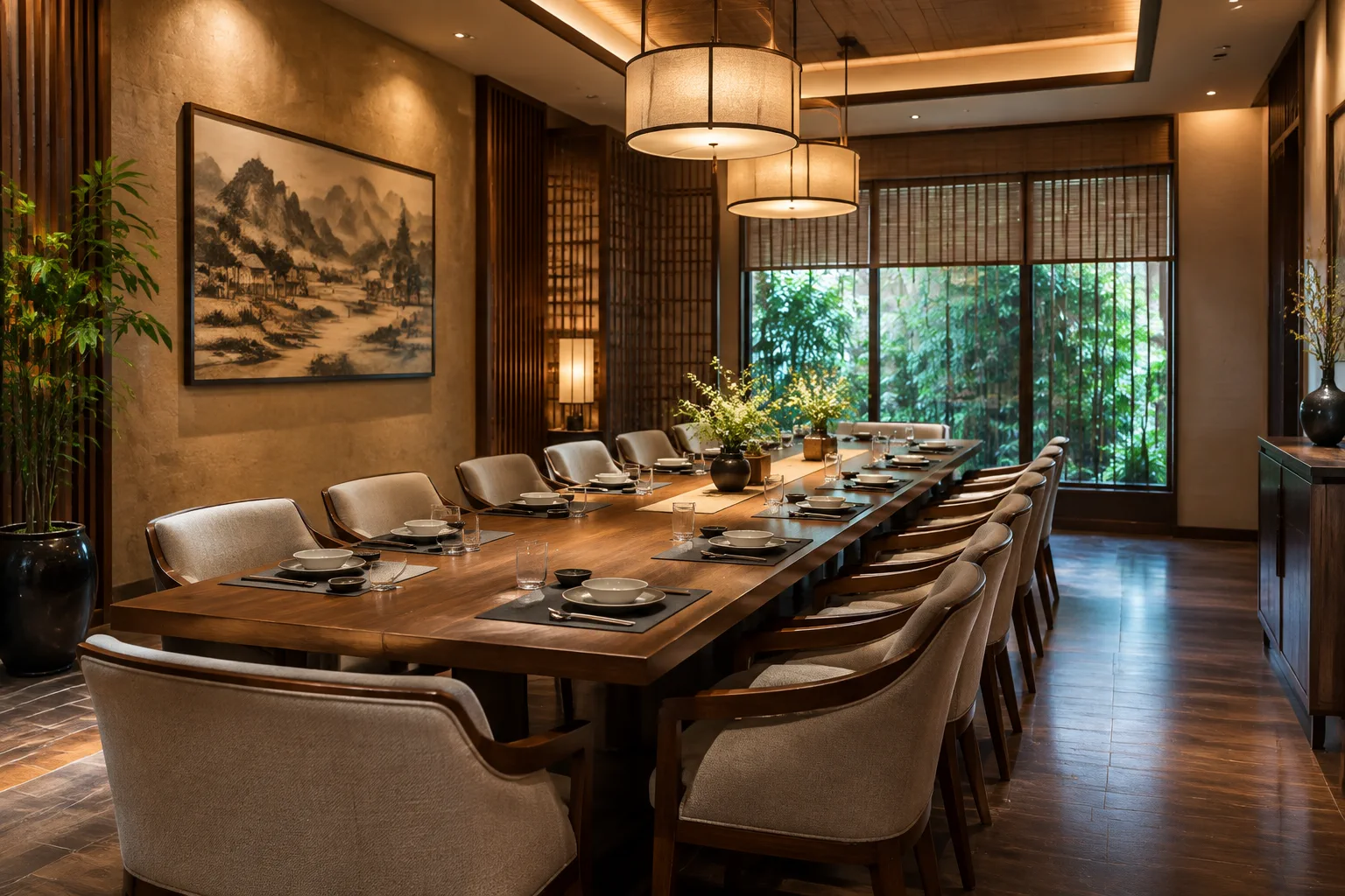 Không gian phòng VIP tại nhà hàng Việt Nam được chuẩn bị cho buổi họp mặt doanh nghiệp nhỏ, với bàn ăn dài gọn gàng, ghế sắp xếp ngay ngắn, ánh sáng ấm và lối đi thông thoáng tạo c