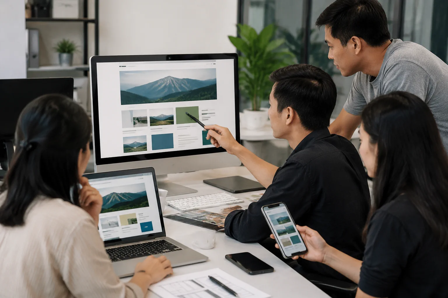 Nhóm nhân sự Việt Nam kiểm tra giao diện website trên máy tính và điện thoại, thể hiện các yếu tố kỹ thuật như mobile, tốc độ và khả năng quản trị