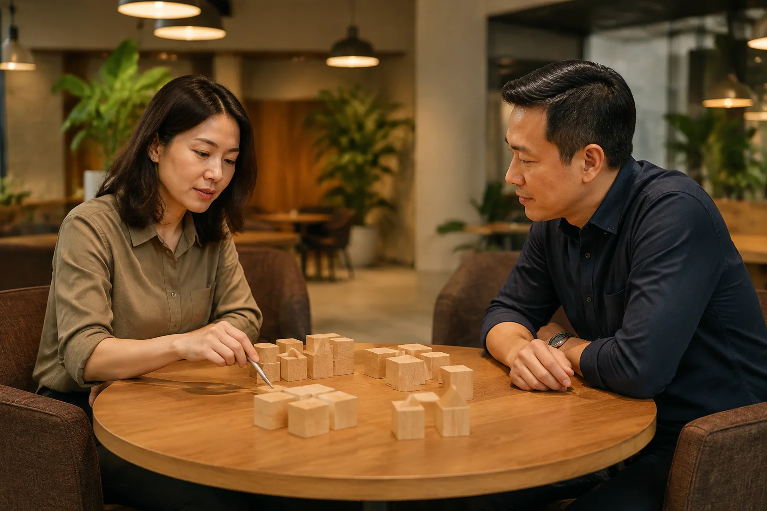 Hai nhân sự doanh nghiệp Việt Nam ngồi đối diện nhau tại bàn họp nhỏ, một người cầm bút chỉ vào các khối gỗ hình học xếp thành nhóm trên mặt bàn, thể hiện việc phân nhóm chức năng