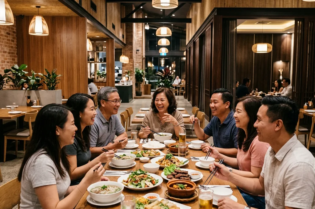 Không gian nhà hàng sang trọng phù hợp cho những buổi họp mặt gia đình và bạn bè thưởng thức ẩm thực