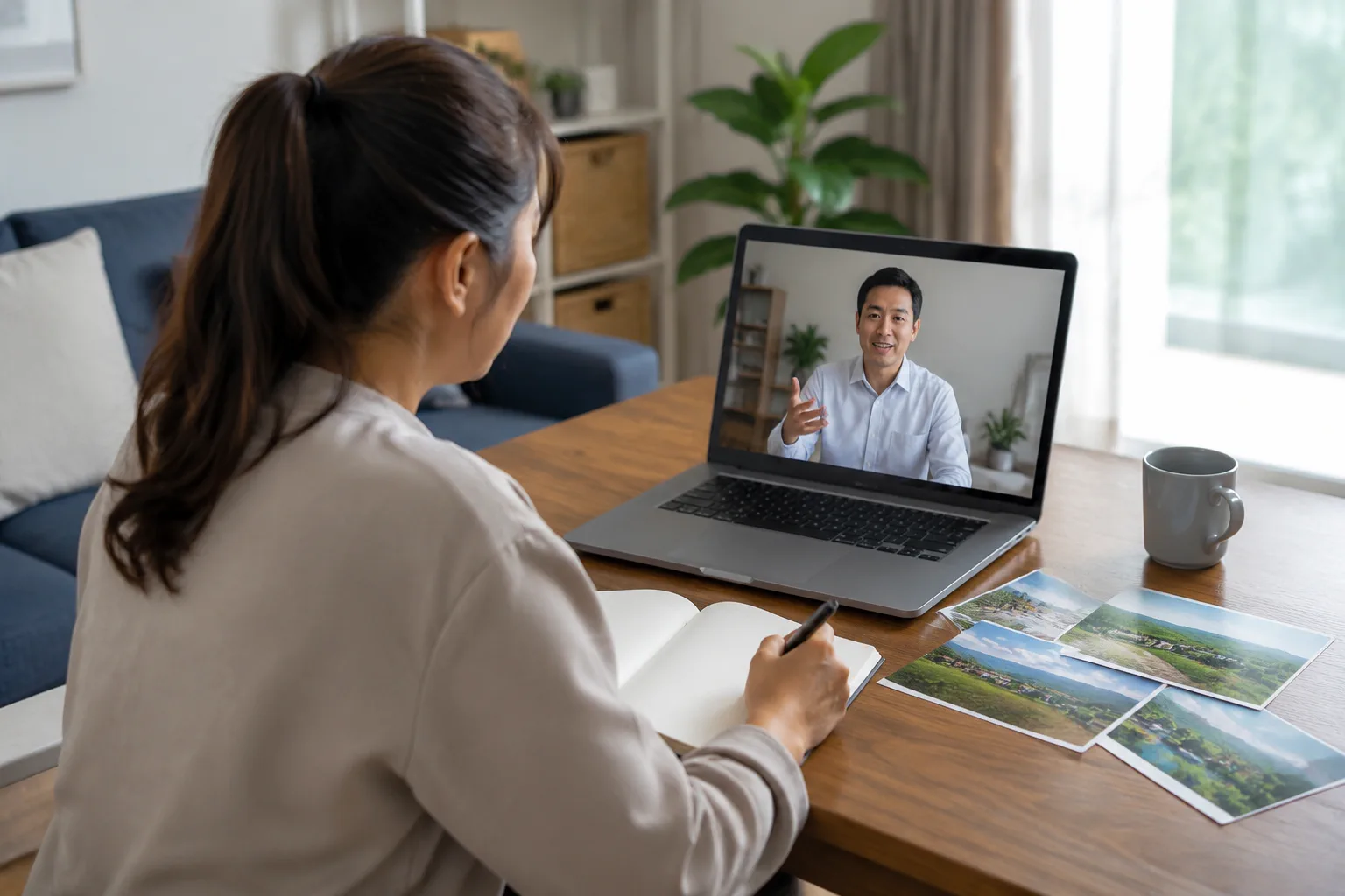 Người mua ở xa trao đổi nhu cầu bất động sản với chuyên viên qua cuộc gọi video tại không gian làm việc tại nhà, bên cạnh là sổ tay ghi chú trống và hình ảnh khu vực Đắk Nông trên