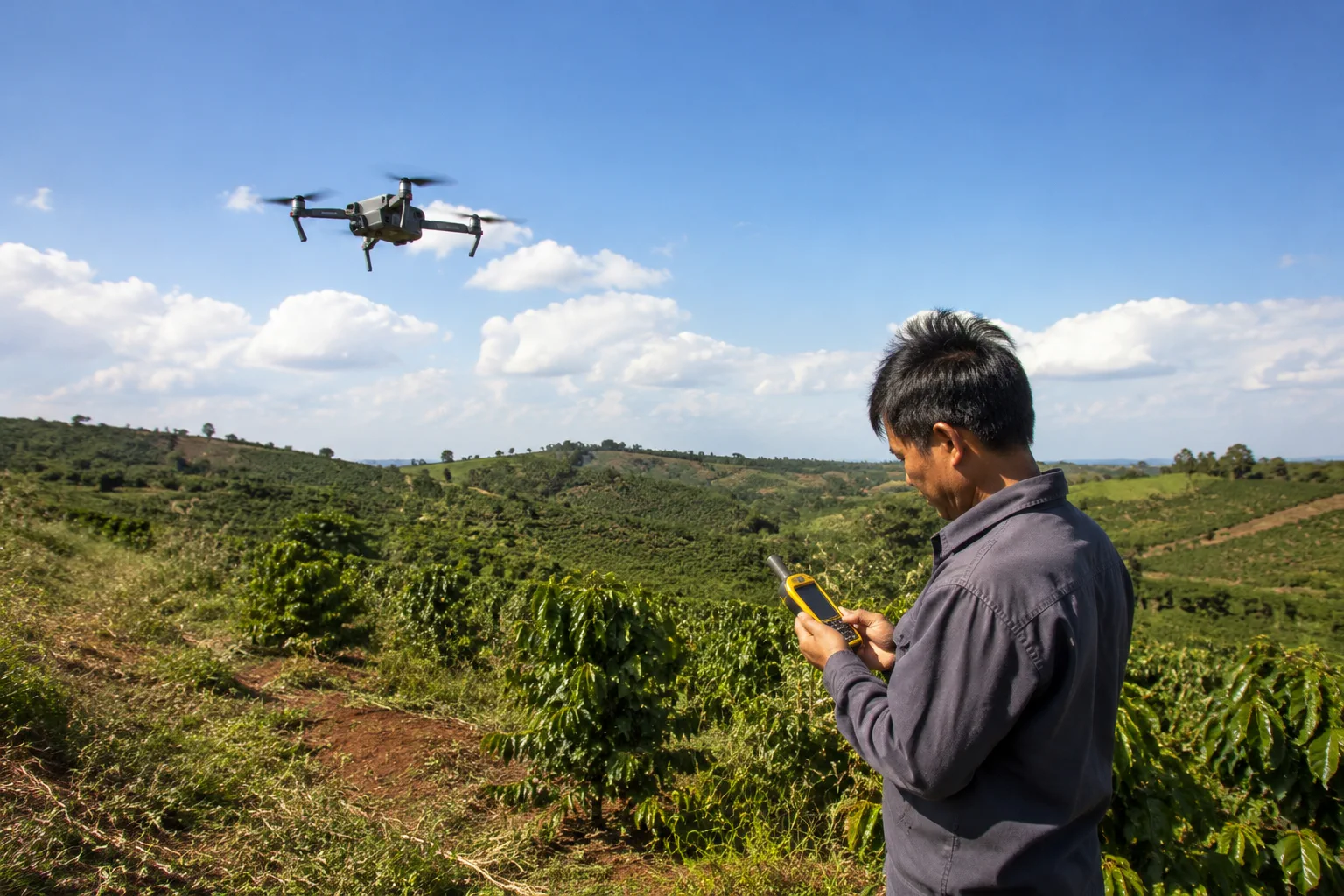 Khảo sát từ xa: drone bay trên đất nông nghiệp, nhân viên dùng GPS kiểm tra vị trí