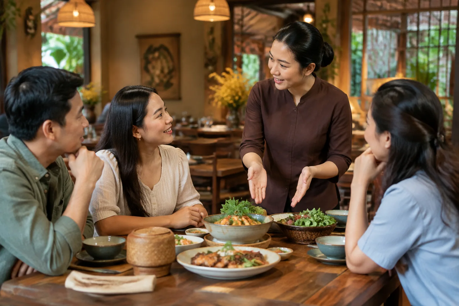 Thực khách Việt Nam cùng nhân viên nhà hàng trao đổi về cách lựa chọn món ăn cho một bữa tiệc trong không gian ẩm thực ấm cúng, thể hiện việc kết nối món ăn với dịp dùng bữa và nhu