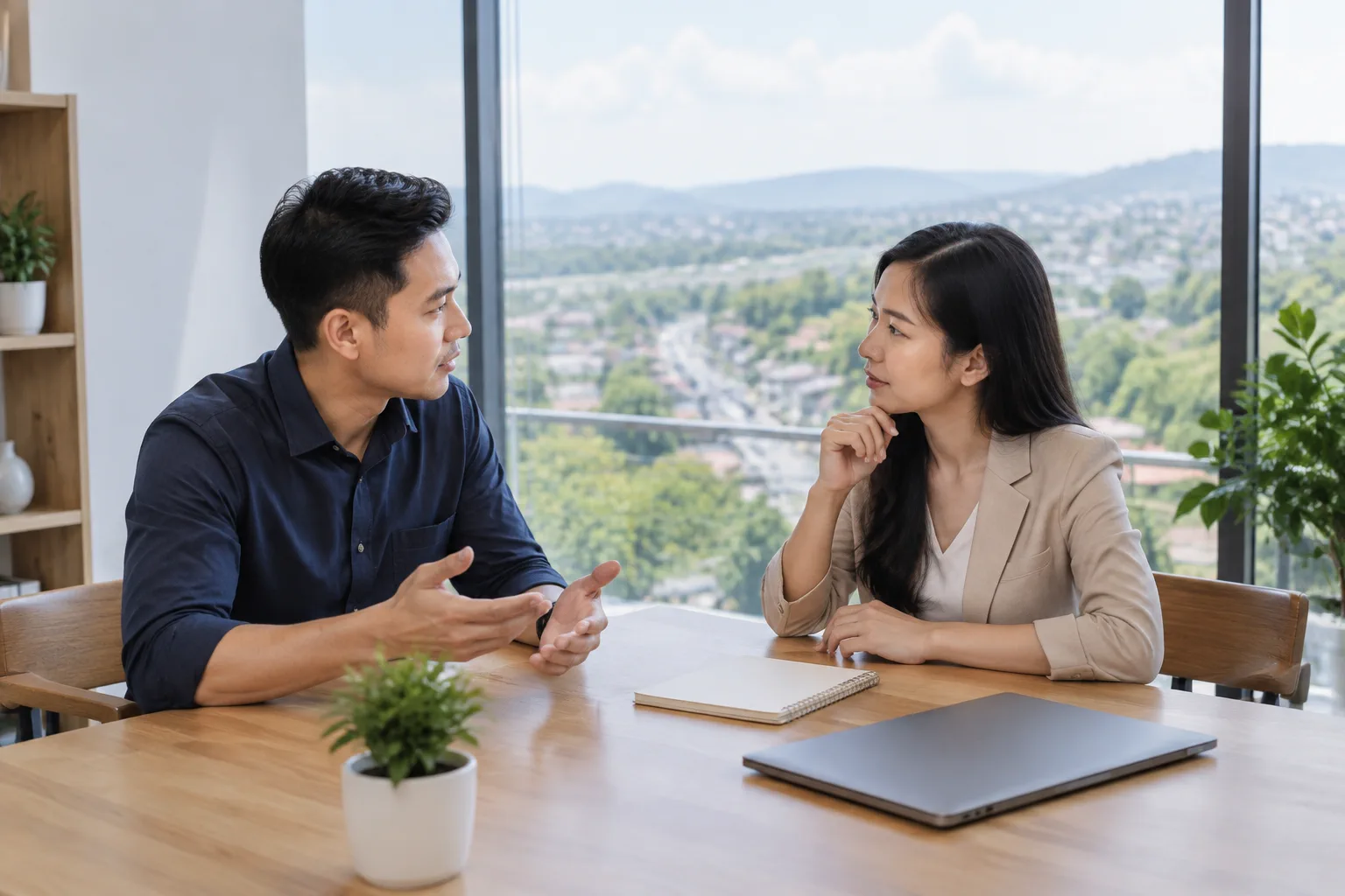 Chuyên viên tư vấn và người mua trao đổi về các bước xác minh thông tin bất động sản tại không gian làm việc đơn giản, tập trung vào việc đối chiếu dữ liệu trước giao dịch